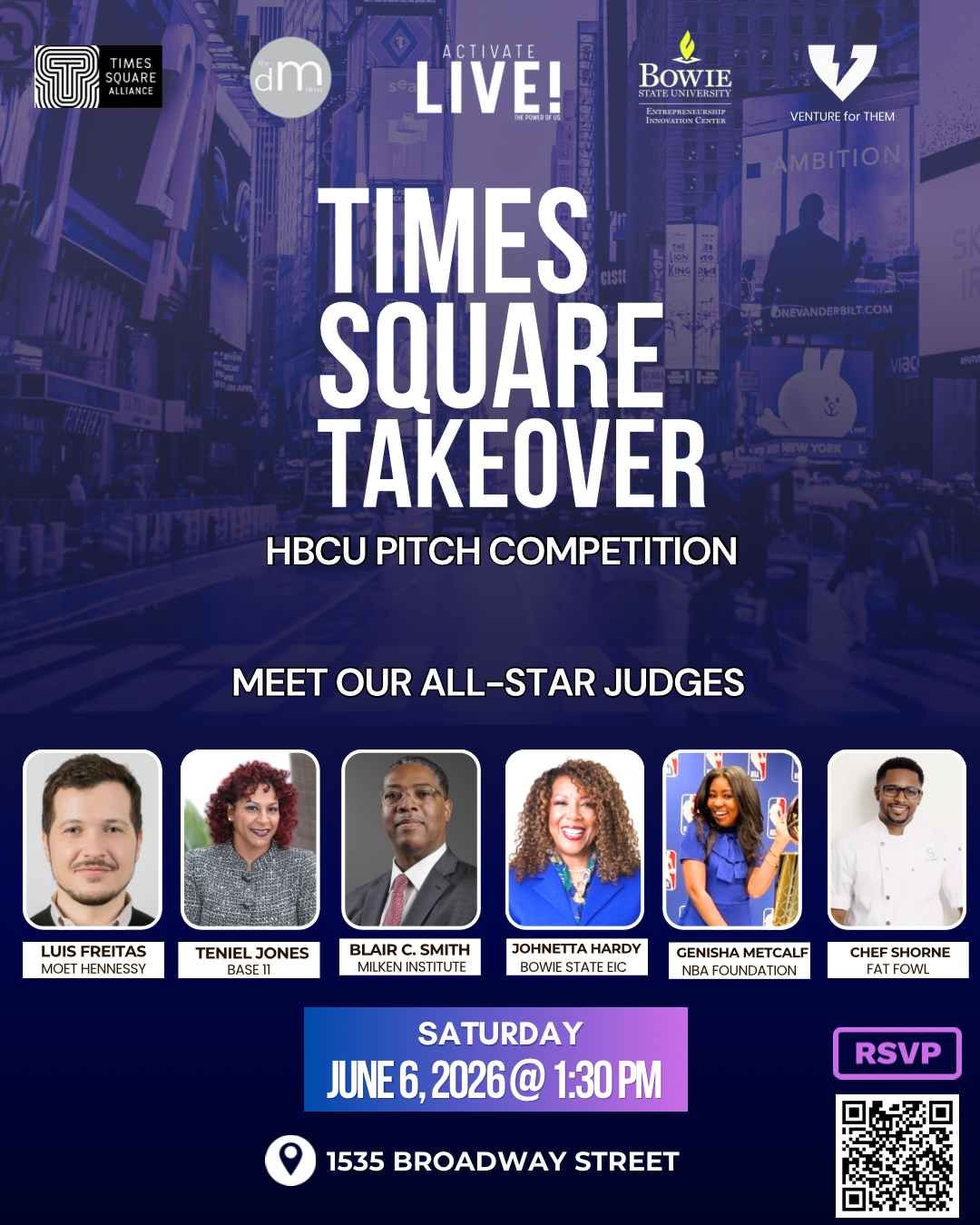 Times Square Takeover HBCU Pitch Competition flyer featuring the all-star judges